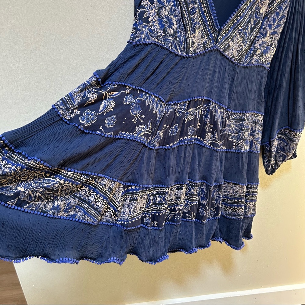 Boho-Style Deep Blue V-Neck Tiered Mini Dress - Picture 7 of 16